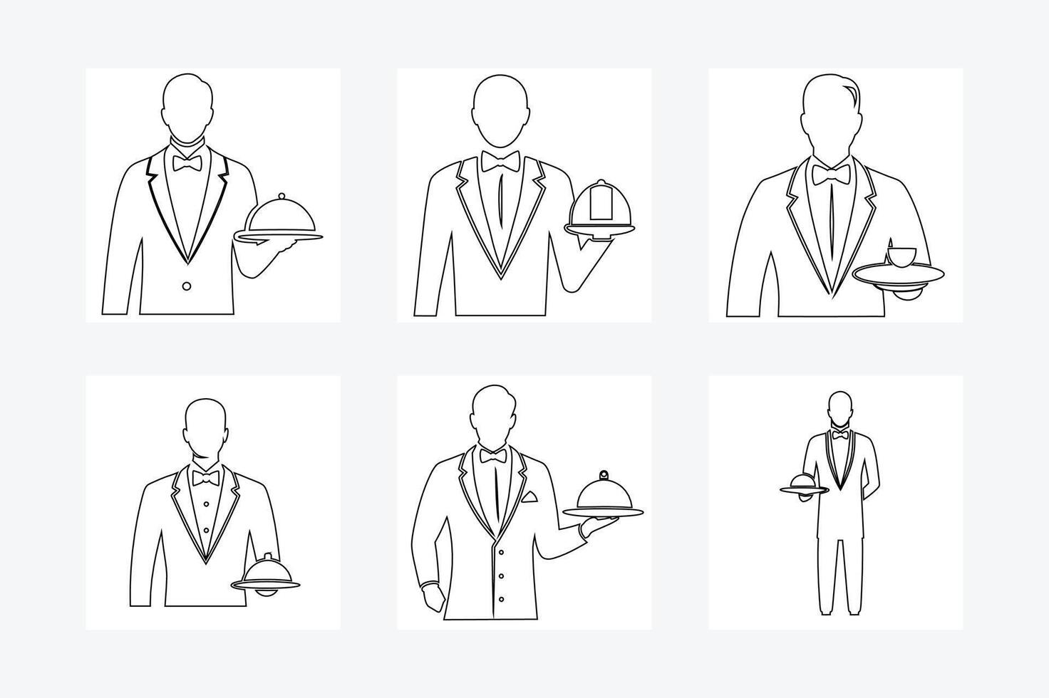 Luxury Restaurant Waiter Outline Art Illustration Elegant Line Drawing on White Background vector