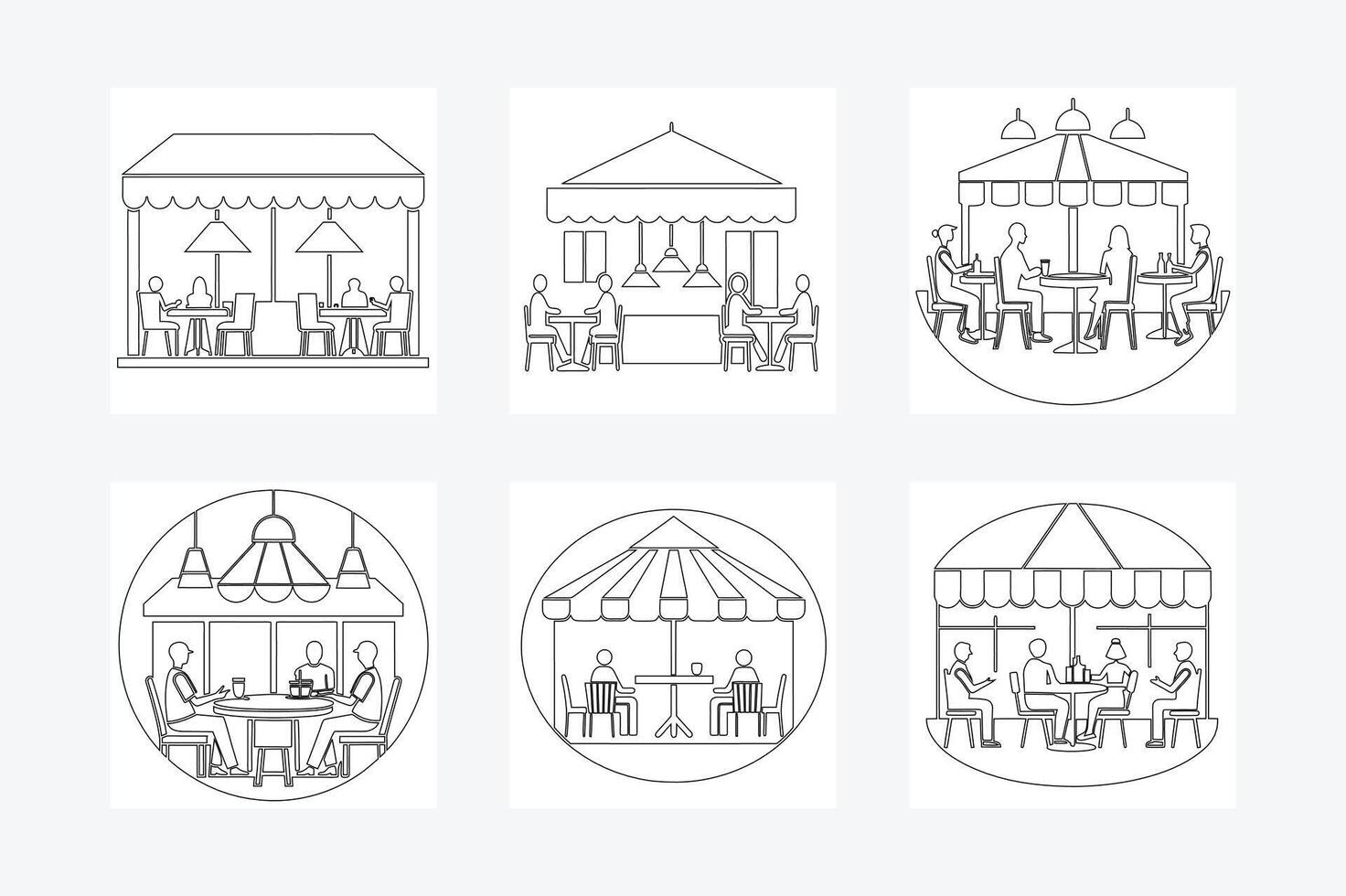 Minimalist One Line Art Cafe and Dining Scenes on White Background Elegant Line Drawing Illustration vector