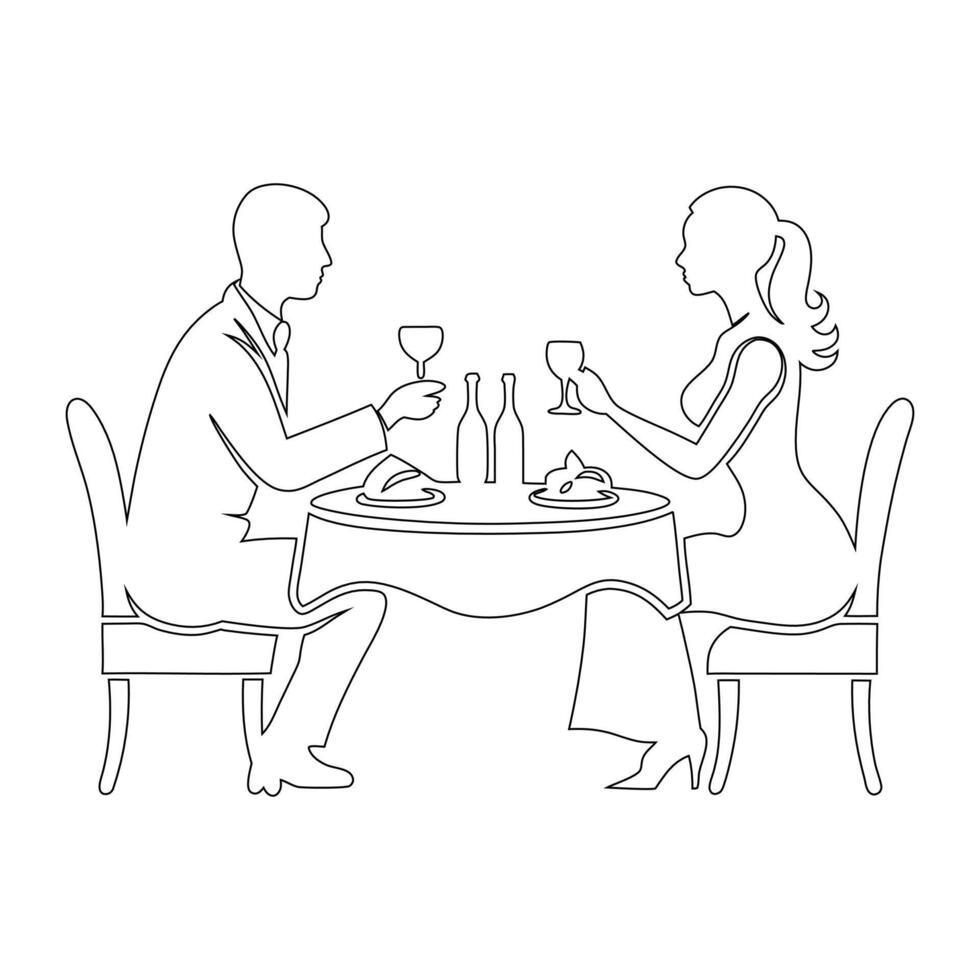 Elegant Couples Dining Out Line Art Illustration on White Background - Romantic Restaurant Scene vector