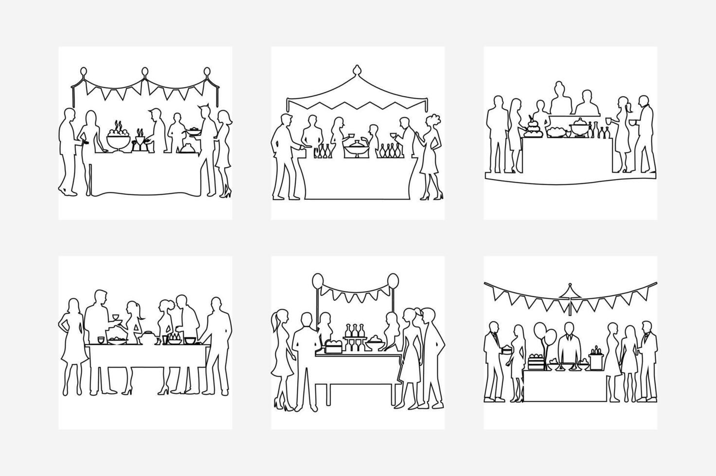 Buffet and Party Scenes Outline Art Illustration on White Background Line Drawing for Events and Celebrations vector