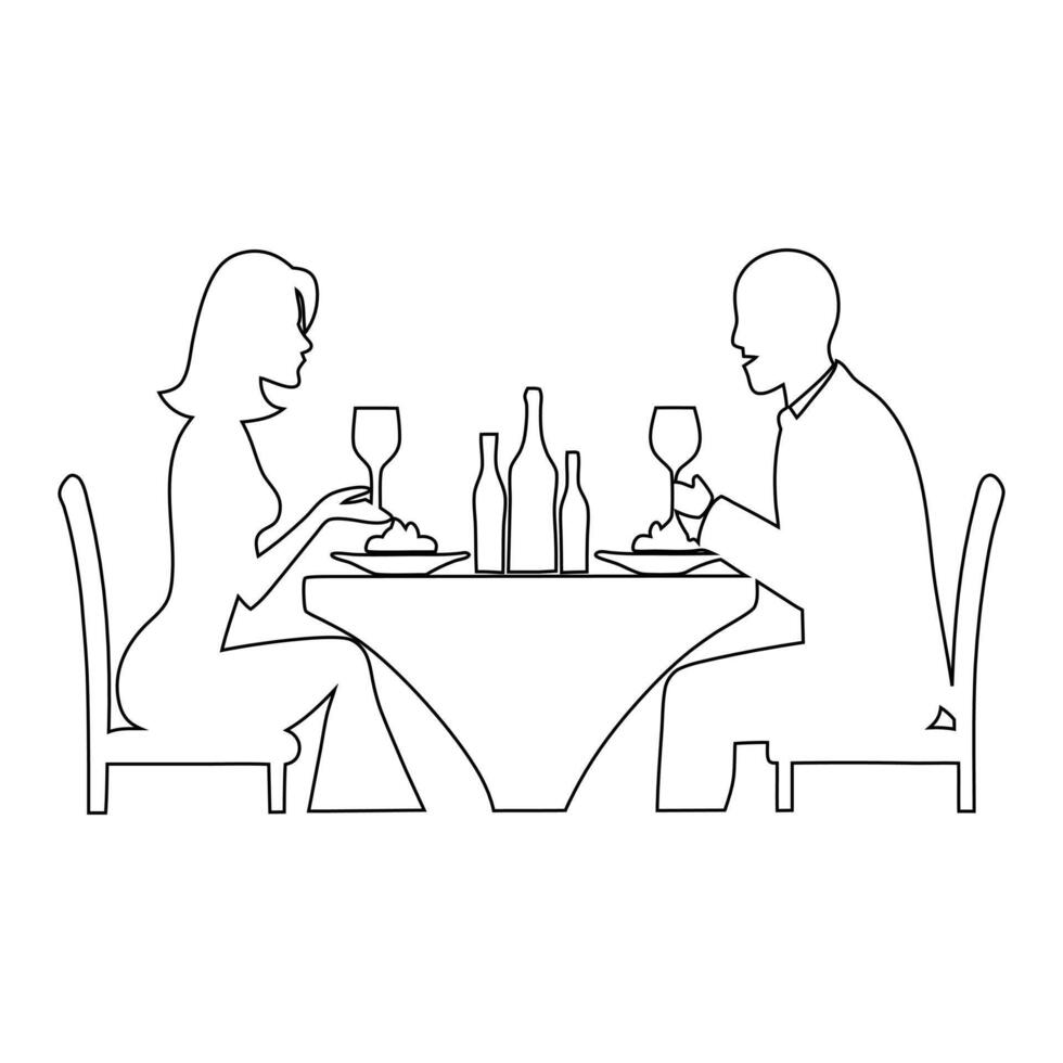 Minimalist Line Art Illustration of Couples Dining Out - Romantic White Background Design vector