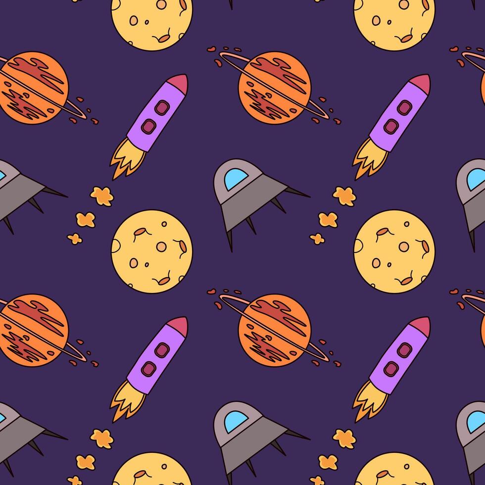 Seamless childish space pattern with spaceships and planets on purple background. For children's textiles, wrapping paper, fabric or print design vector