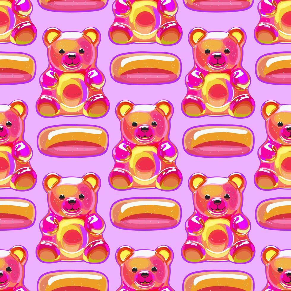 seamless pattern with bright honey gummy bears and jelly candies on light lilac background vector