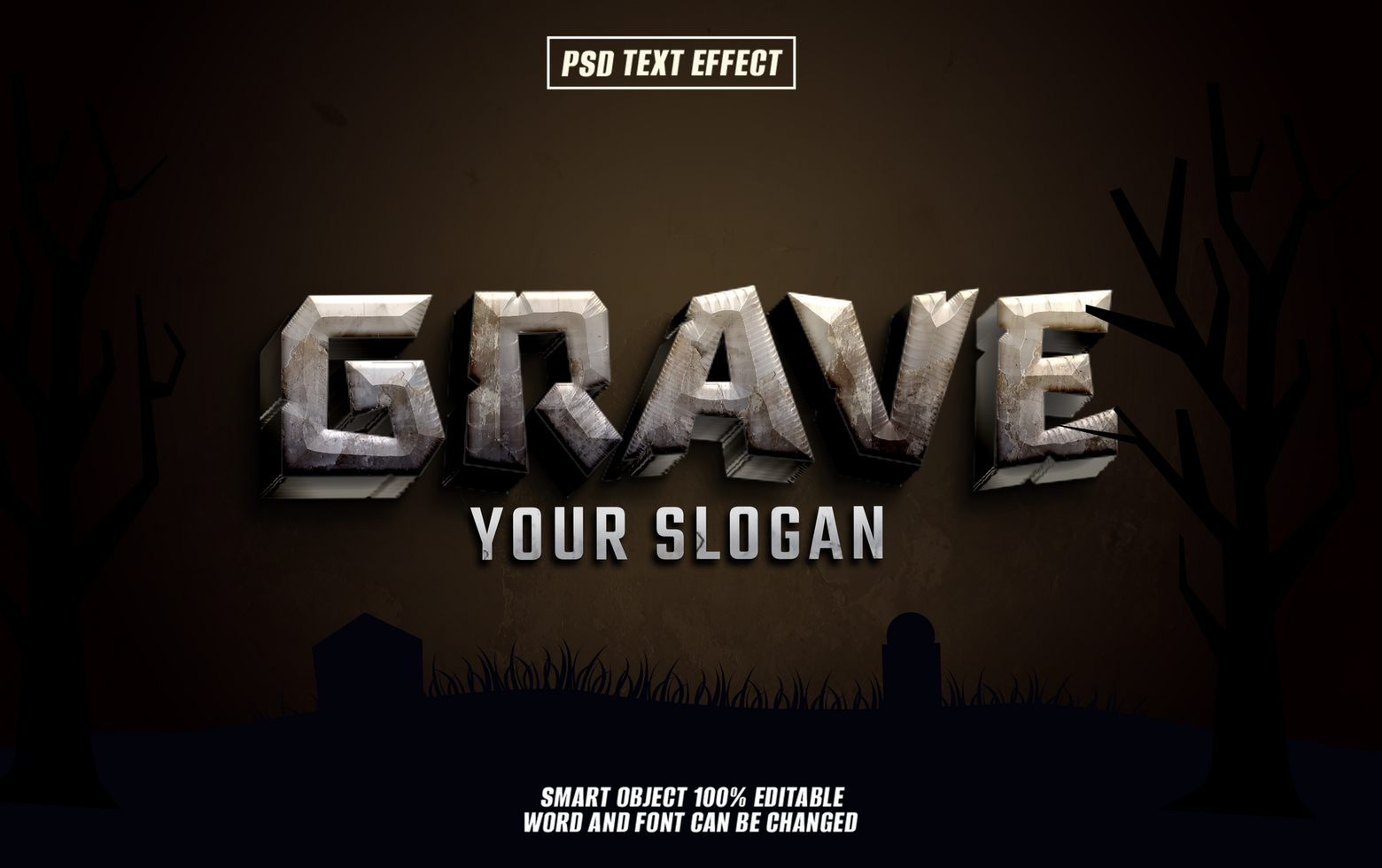 Spooky grave 3d text effect with a graveyard scene. psd