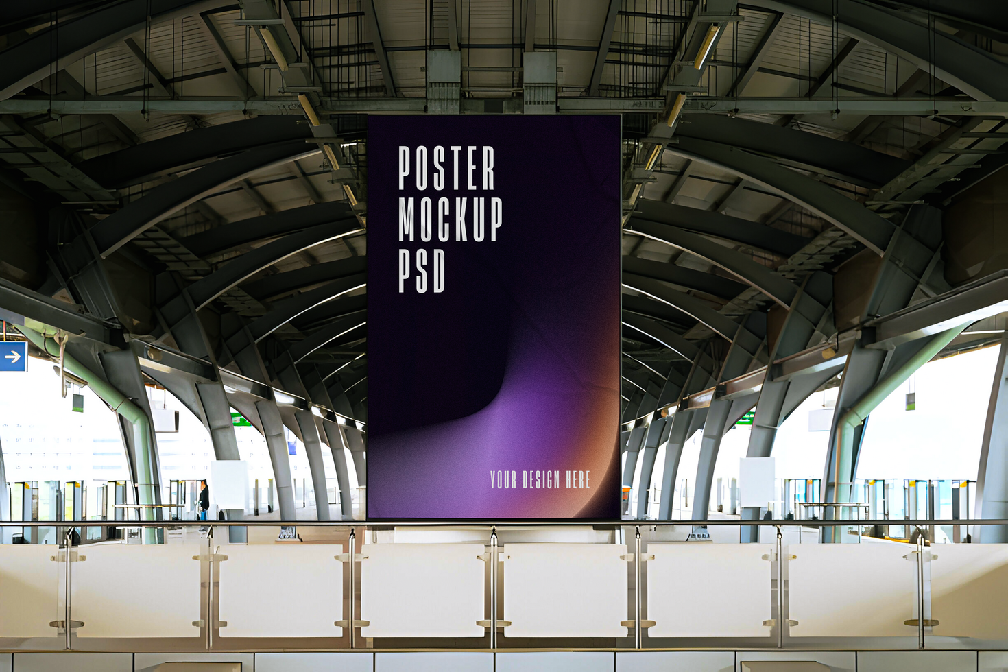 A large banner hanging in a building psd
