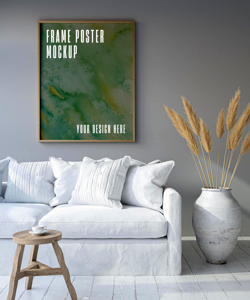 Artwork in a living room with a couch and a vase psd