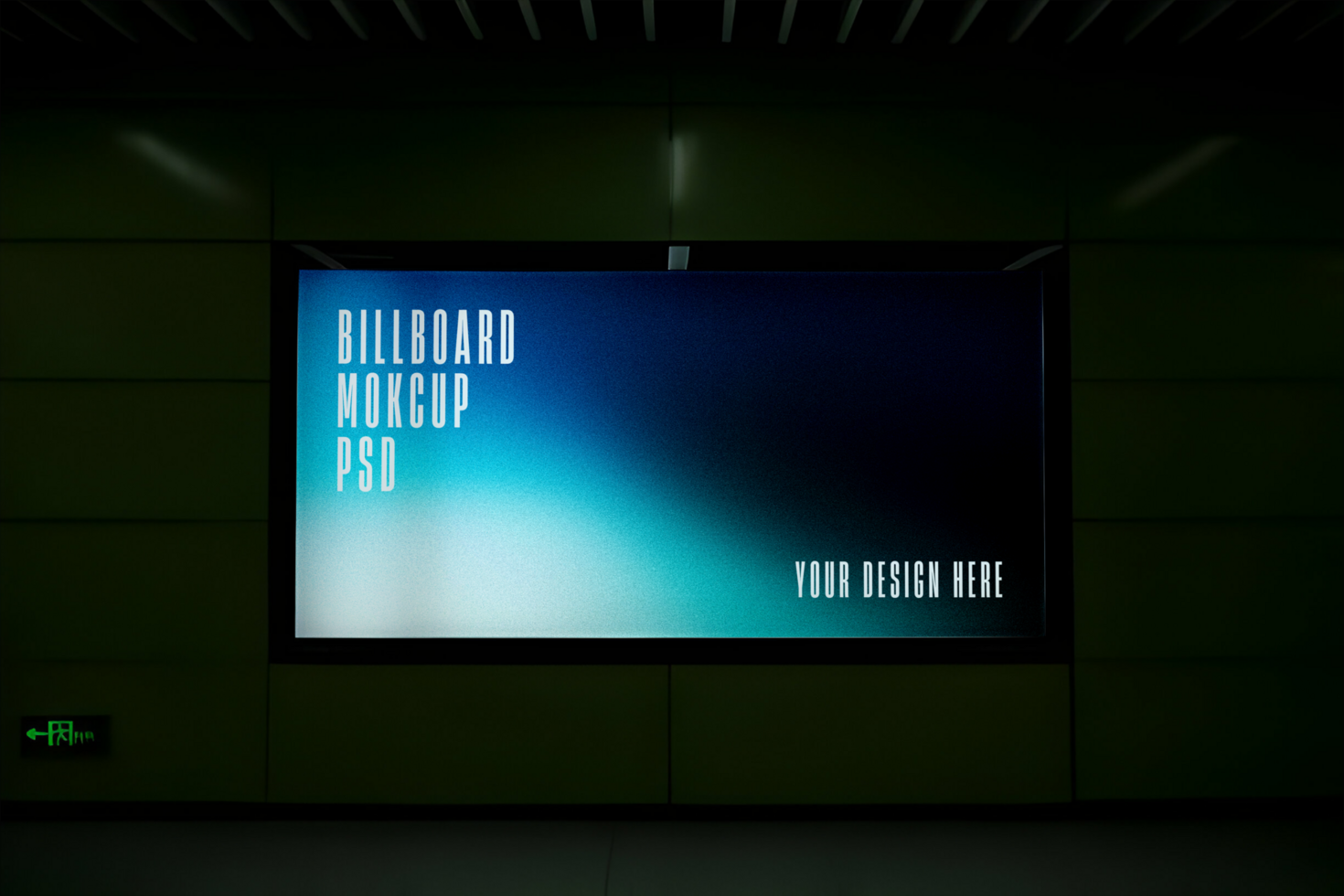 A billboard advertisement is displayed in a dark room psd