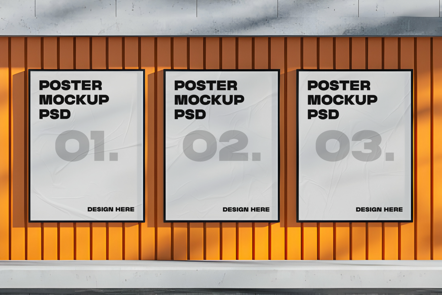 Three posters mockup on a wall psd
