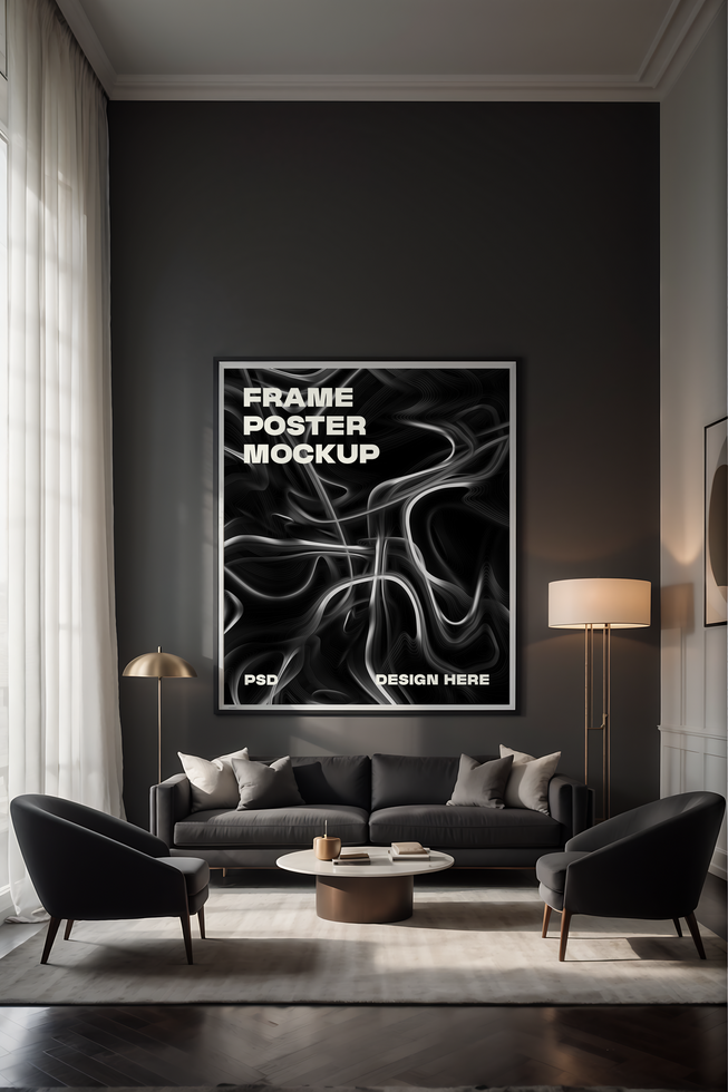Modern living room with black walls and a framed poster mockup psd