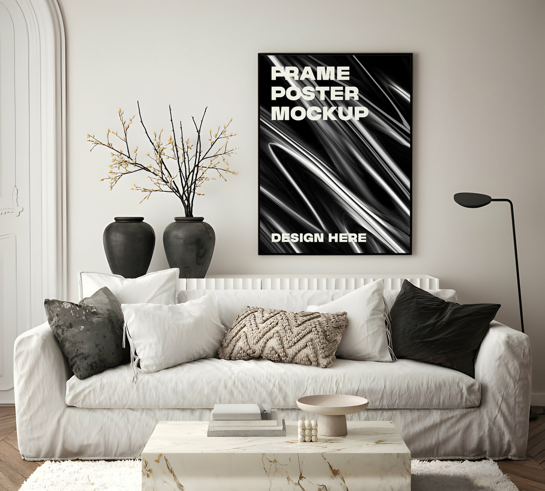 Modern living room with a black and white poster mockup psd