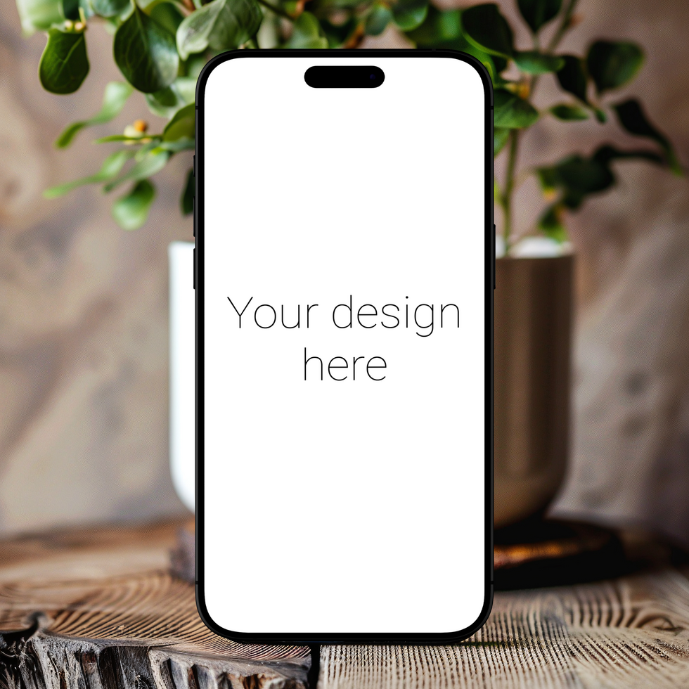 Black front view smartphone mockup on wooden surface psd