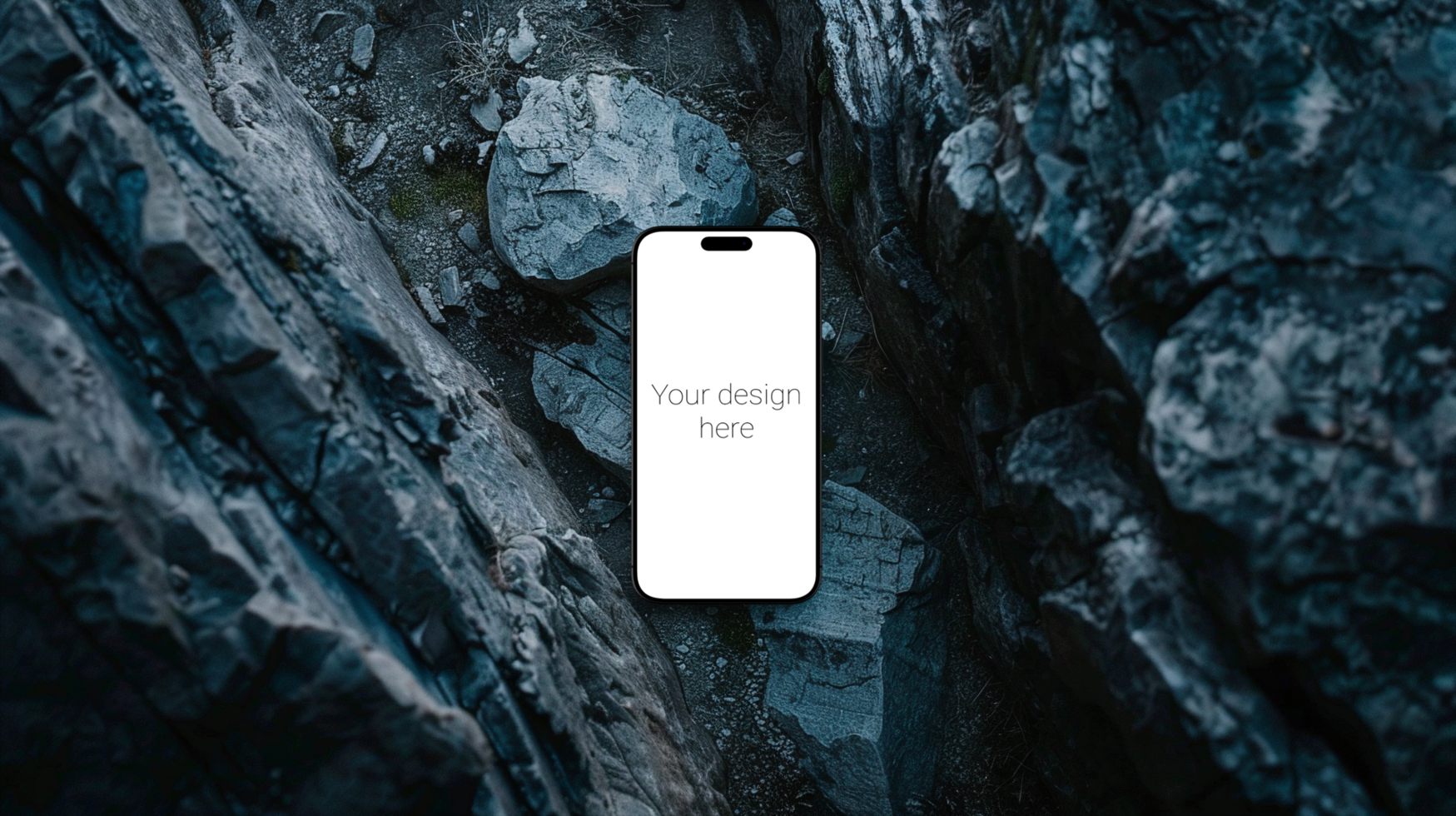 Black front view smartphone mockup between rocks psd