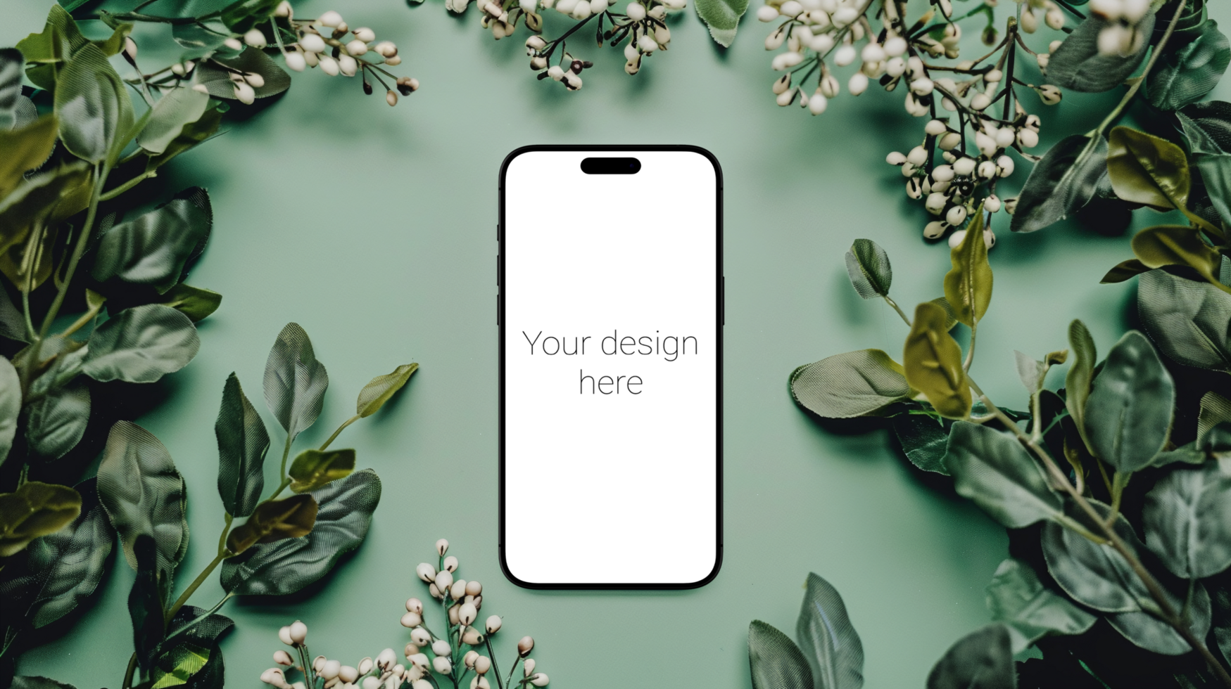Black front view smartphone mockup on green surface with flowers psd