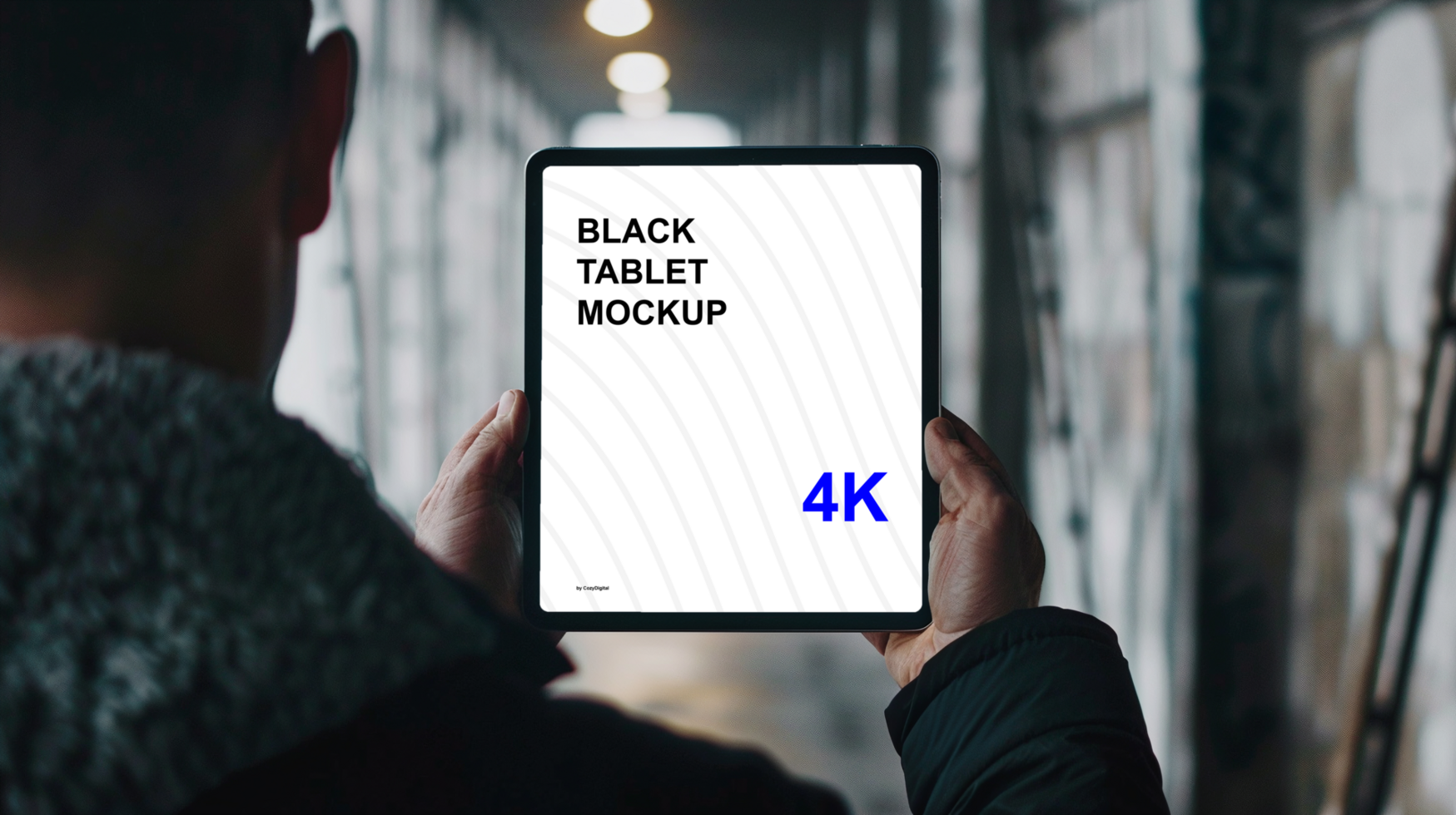Black tablet PC mockup in person's hand. First person view psd