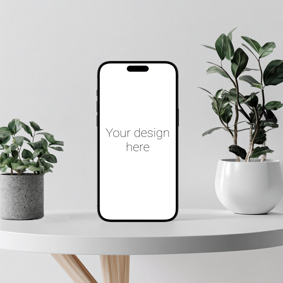 Black front view smartphone mockup on marble table with plants psd