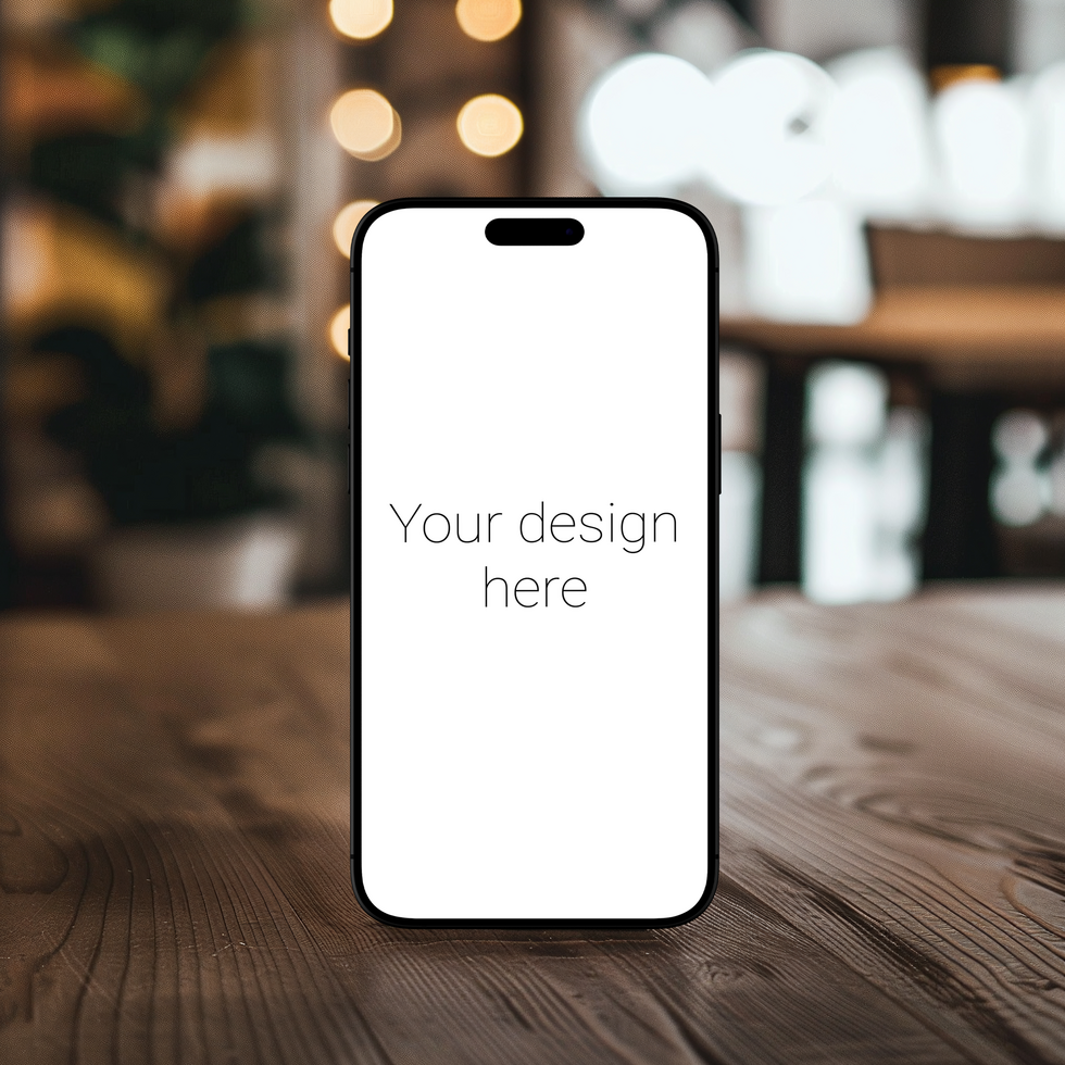 Black front view smartphone mockup on wooden table psd