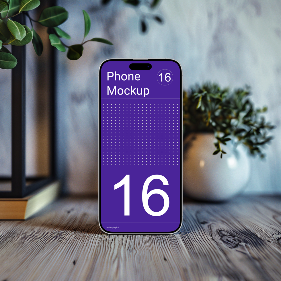 White front view smartphone mockup on wooden surface with plants nearby psd