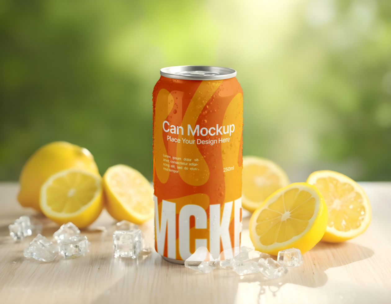 Soda beverage can mockup with lemon and ice cubebackground psd