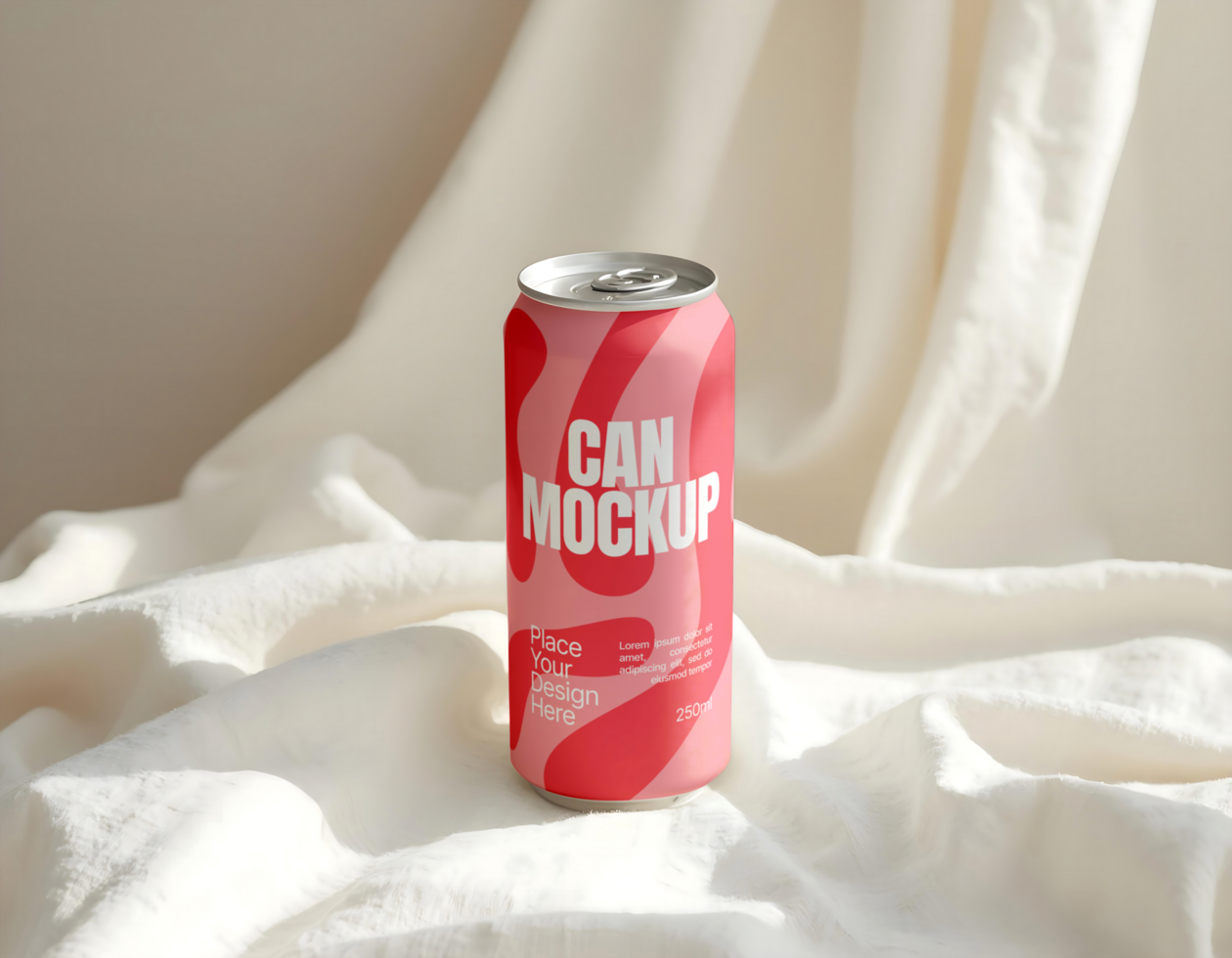 Soda beverage can mockup with fabric background psd