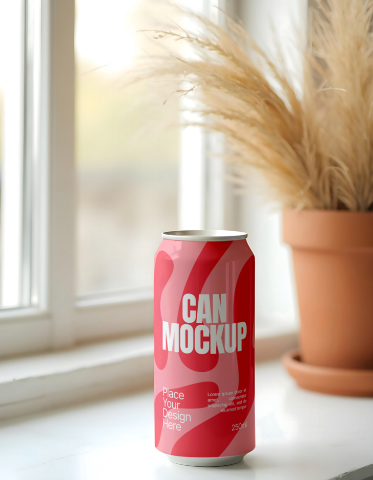 Soda beverage can mockup with windows background psd