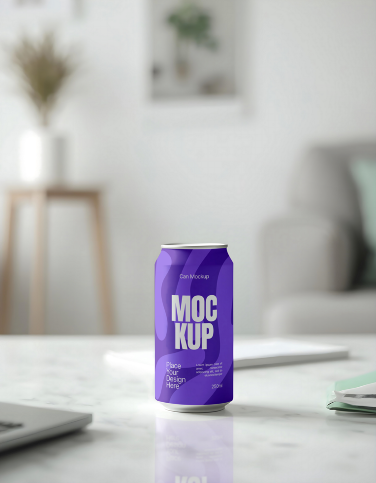 Soda beverage can mockup on marmer table psd