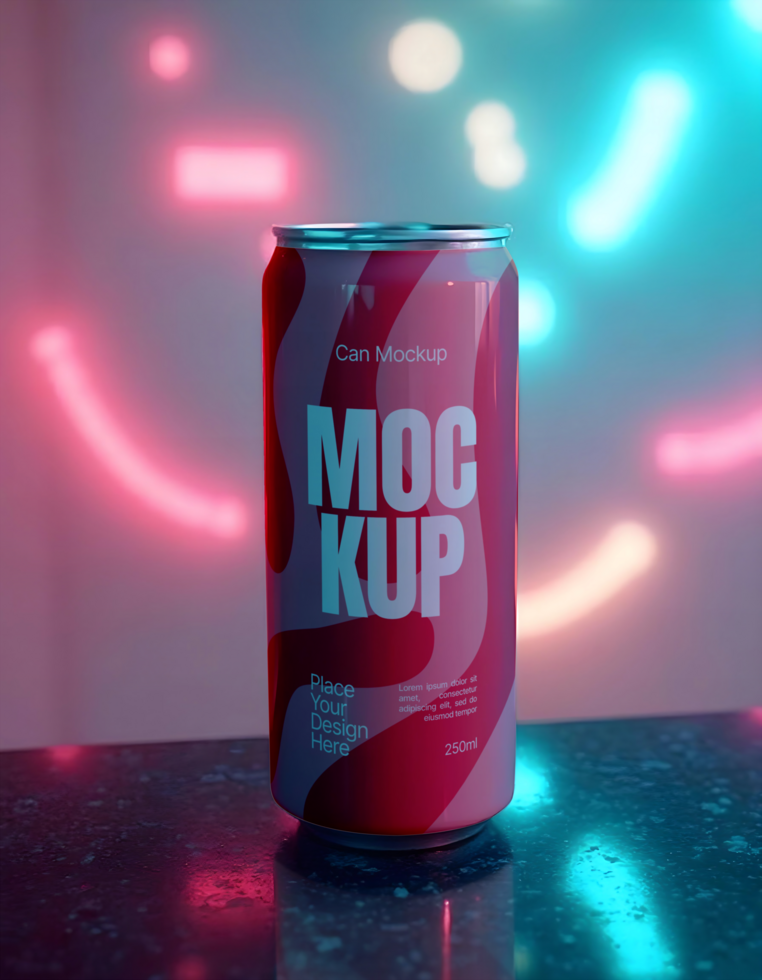 Soda beverage can mockup with neon background psd