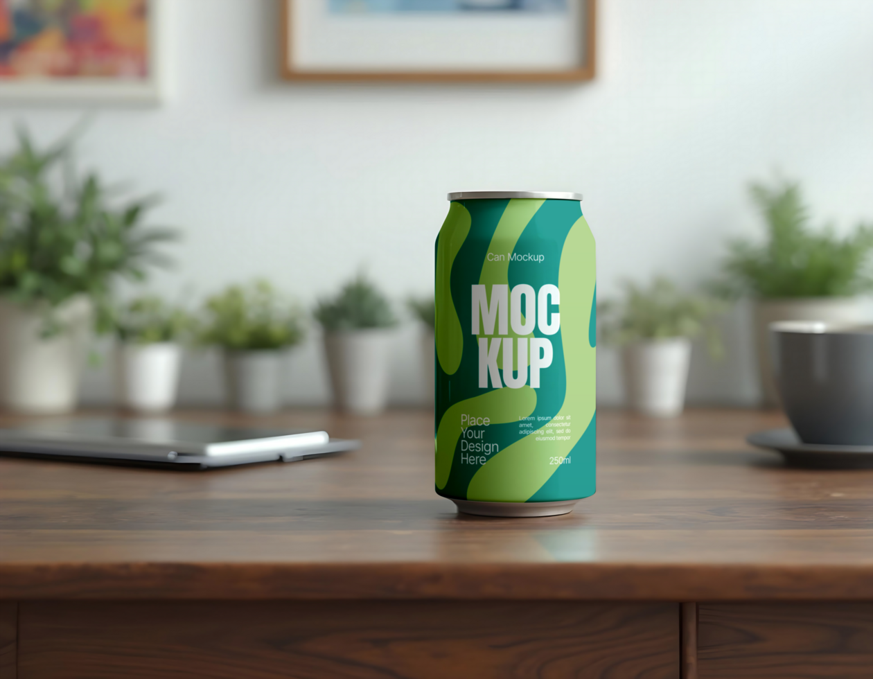Soda beverage can mockup with plant background psd