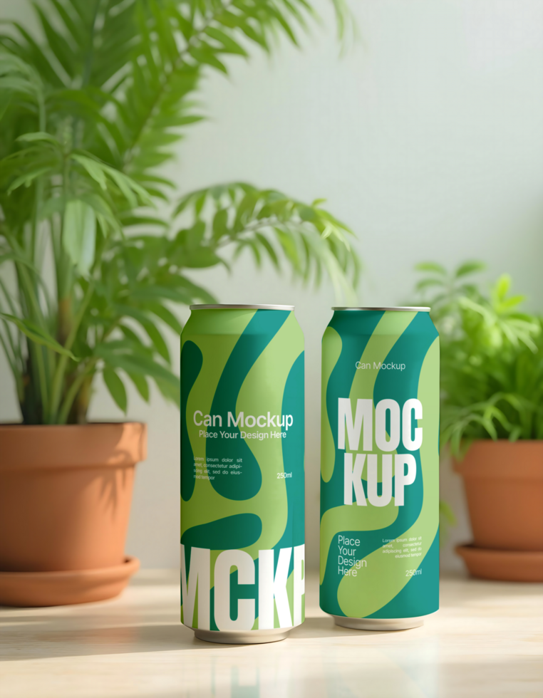 2 Soda beverage can mockup with plant background psd