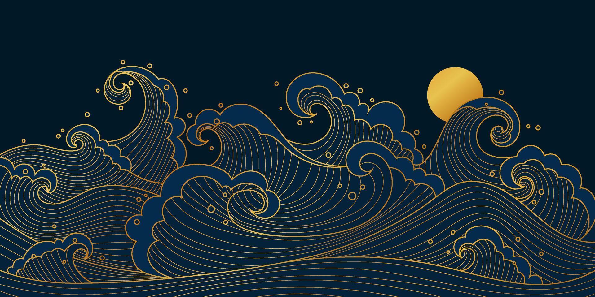 Japanese-style background with abstract, hand-drawn ocean waves in gold and blue colors. Great for posters, home decor, and elegant greeting cards. vector