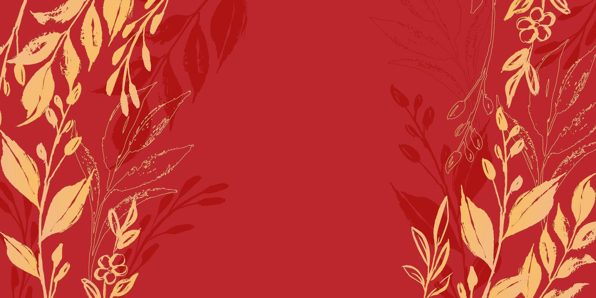 Luxurious Chinese background with flowers, branches, and leaves in gold colors. Golden floral frame isolated on red background. Suitable for wallpaper, posters, and elegant card designs. vector