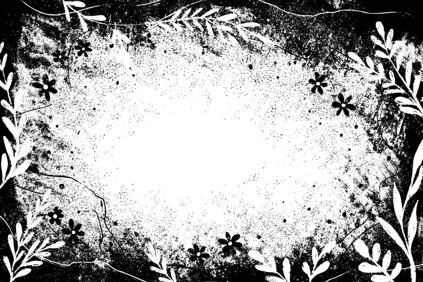 Rough black grunge overlay with a leaves and branches. Worn and weathered texture reflecting nature. Abstract texture with rough brush strokes vector