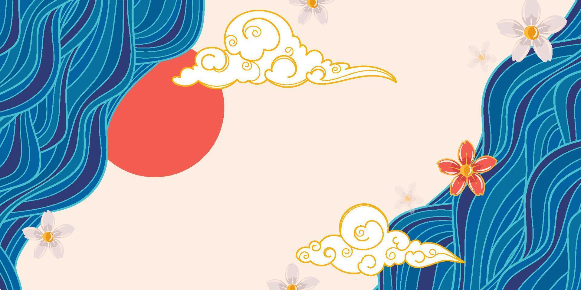 Elegant design with blue ocean waves on a white background. Japanese clouds. Sakura flowers. Perfect for banners, templates, and festive decor. vector