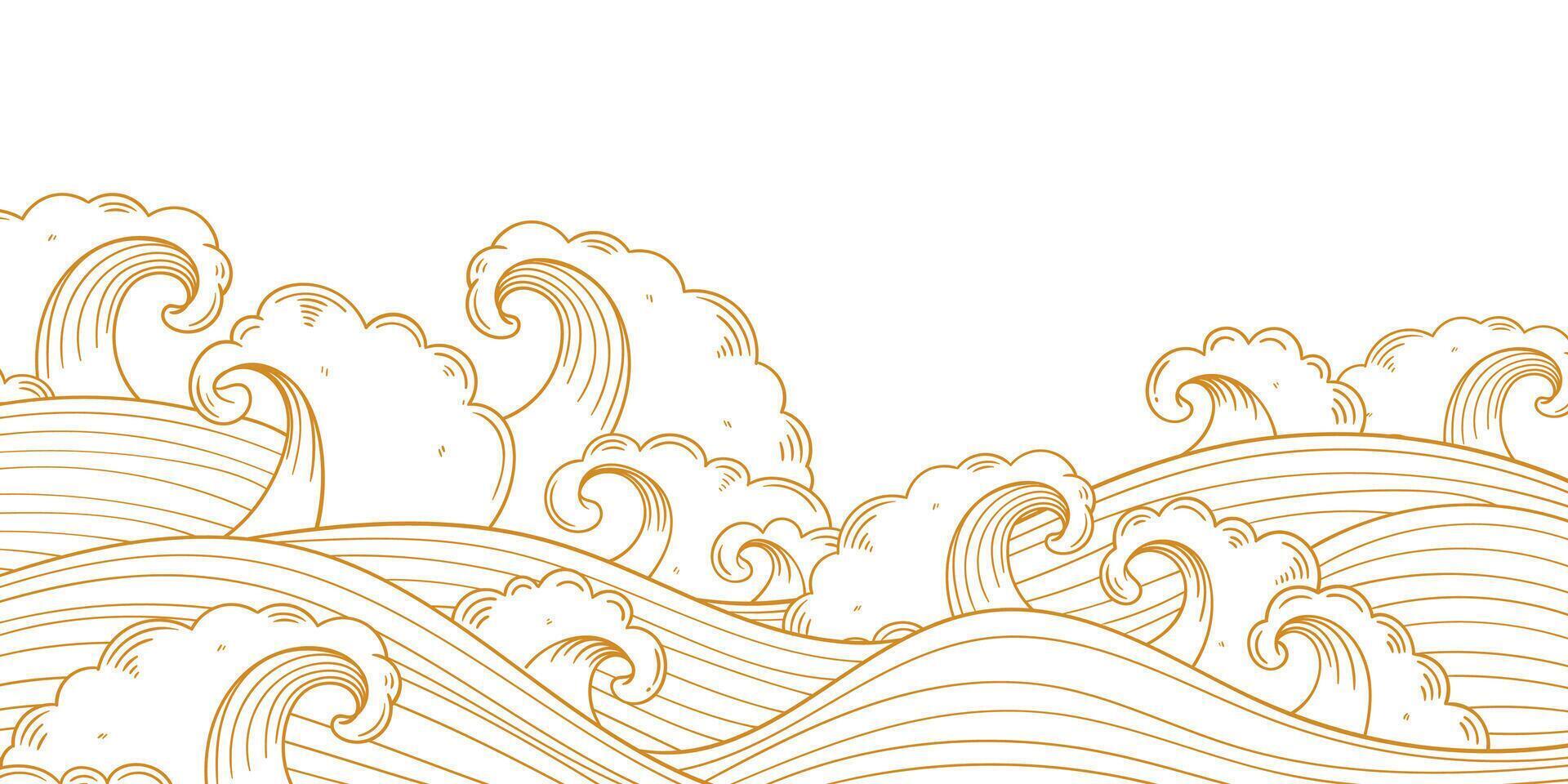 Vintage Japanese wave design with hand-drawn gold strokes isolated on white background. Great for banners, packaging, and home decor templates. vector