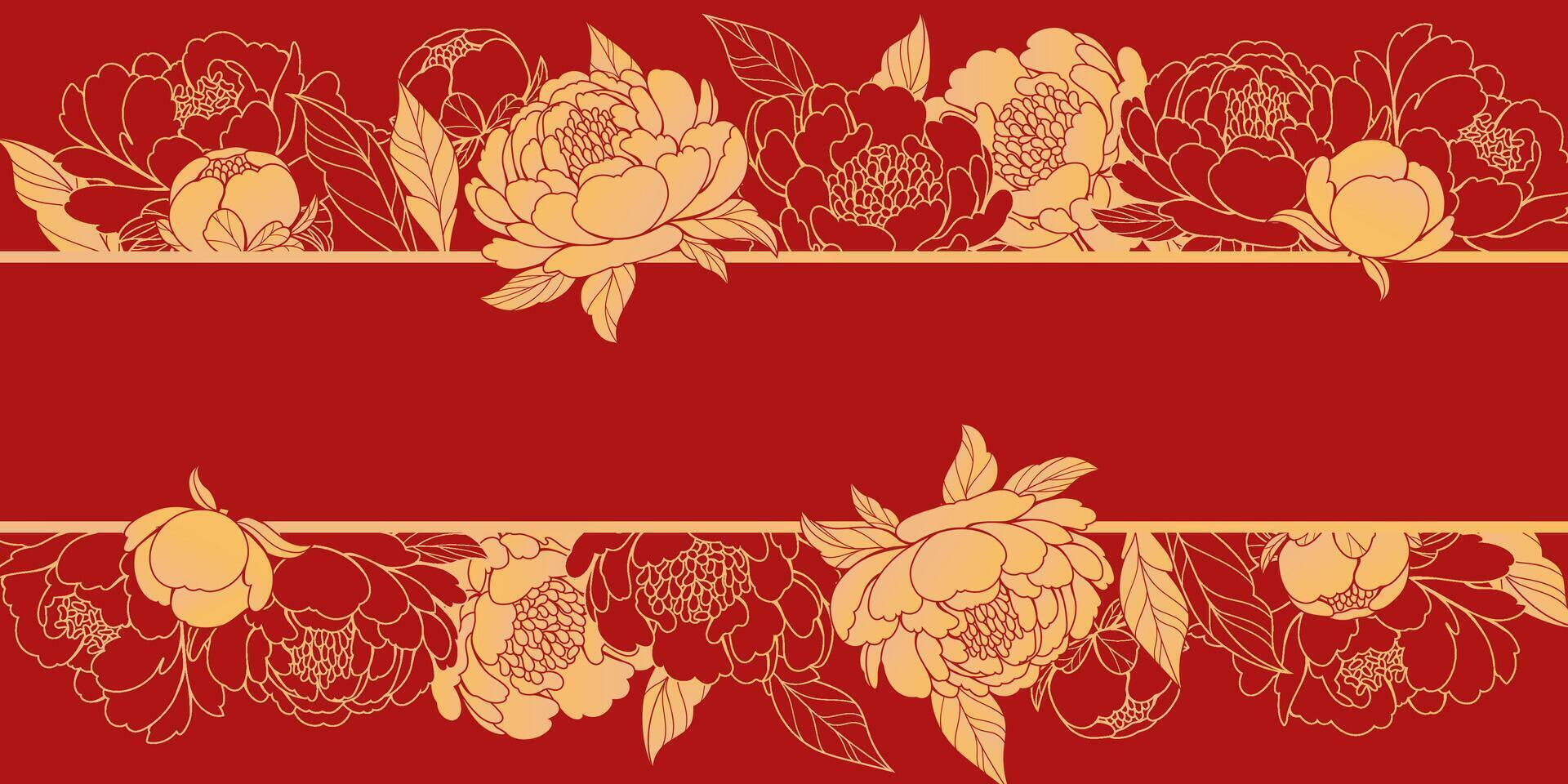 Elegant floral banner design with peonies on a red background. Oriental branches and leaves in gold tones. Perfect for wallpapers, invitations, and posters. vector