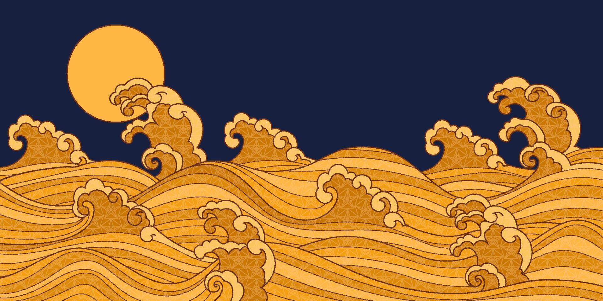 Oriental background with hand-drawn sea waves with gold colors and flat texture. Ideal for modern banners, covers, and website decorations. vector