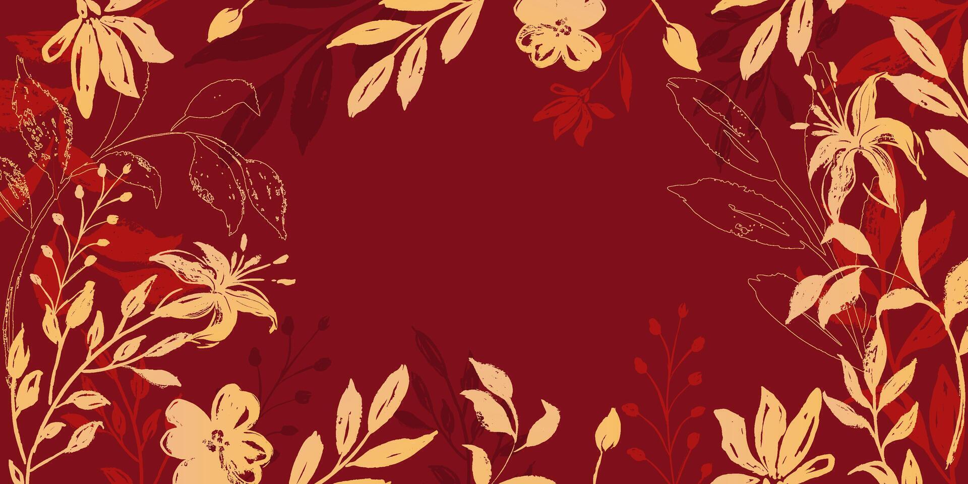 Oriental Japanese and Chinese style background with peonies and floral decorations. Branches and leaves in red and gold colors. Perfect for wallpaper, cards, and posters with luxurious botanical vector