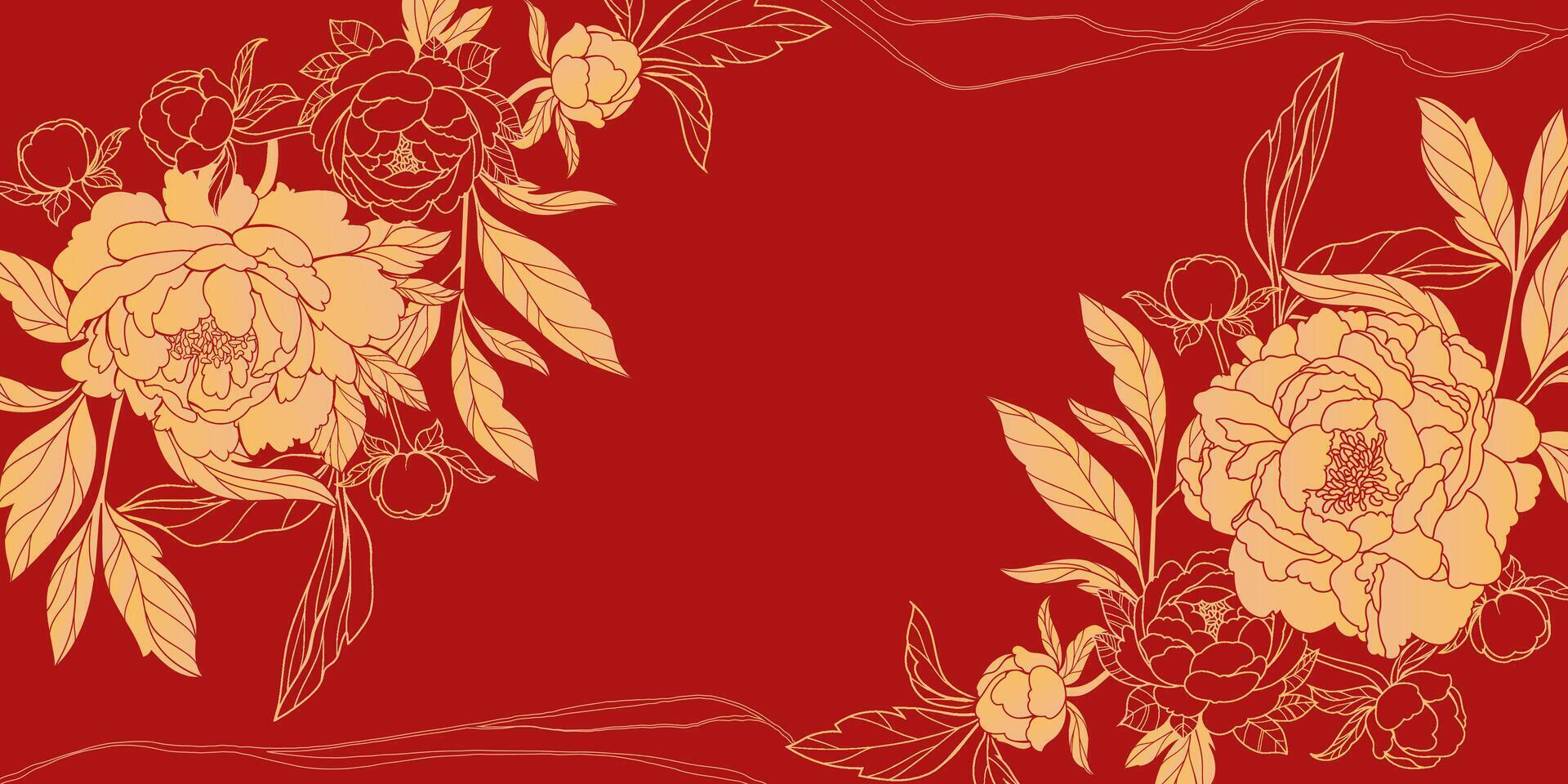 Chinese floral frame with flowers and leaves in gold tones isolated on red background. Perfect for invitations, posters, and wall decor. vector