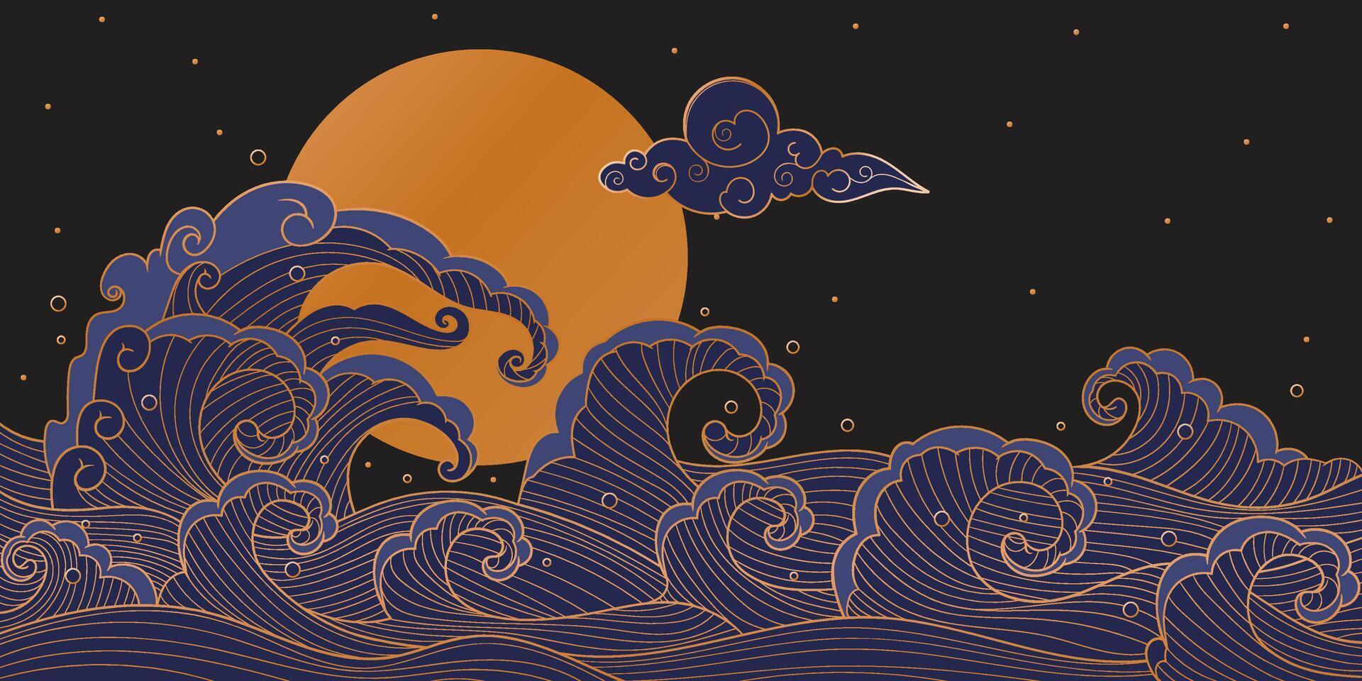 Luxurious Mid-Autumn Festival background with abstract waves and golden moon. Perfect for packaging, banners, greeting cards, and invitations. vector