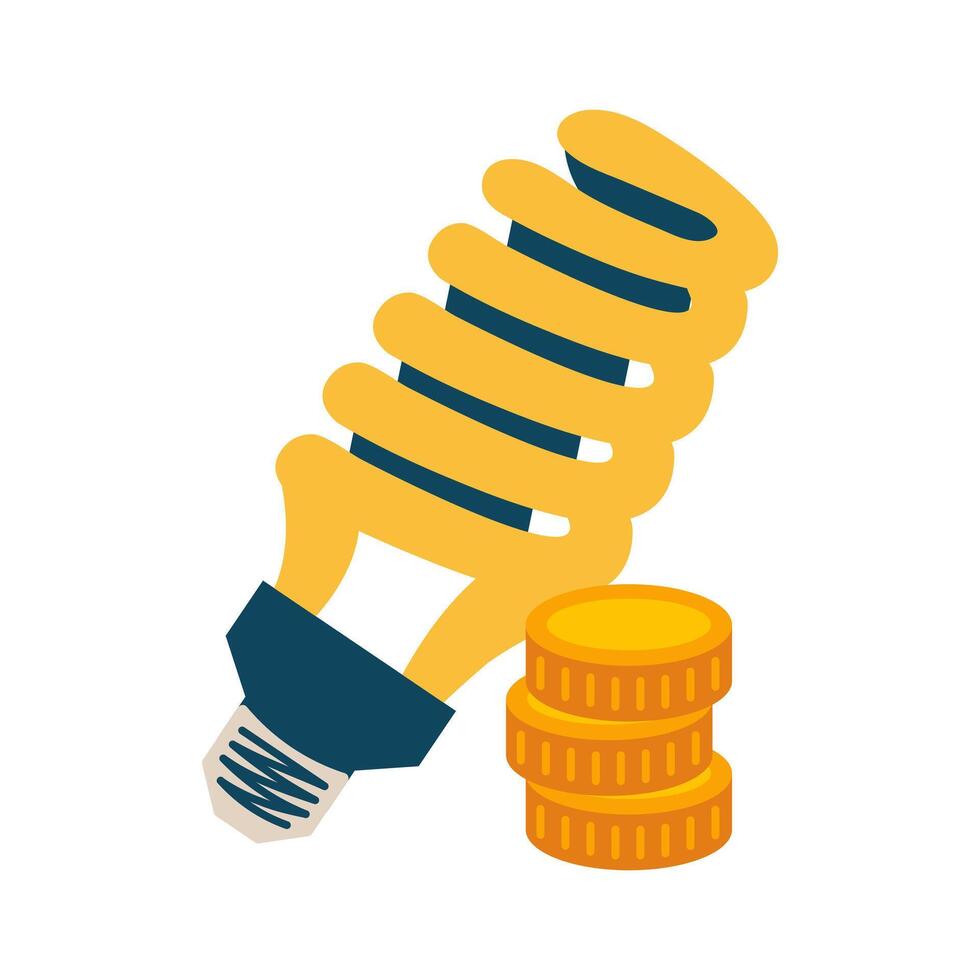 Economic Twisted Lamp and stack of gold Coins. Ecology and savings. Money, cash. Lighting equipment with base. Electricity consumption, energy payment. Flat style. Isolated. Color illustration vector