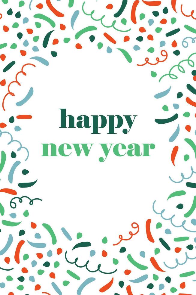 New Year Card explosion of Firecrackers, party Confetti. Greeting card with Fireworks from serpentine and ribbons. Congratulations on Christmas holiday in frame. Place for text. illustration vector