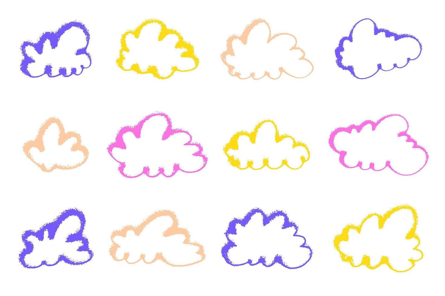 Hand drawn cute collection of clouds with rough edges and with vibrant colors. Abstract cartoon and fluffy cloud icons. Grunge clouds. vector