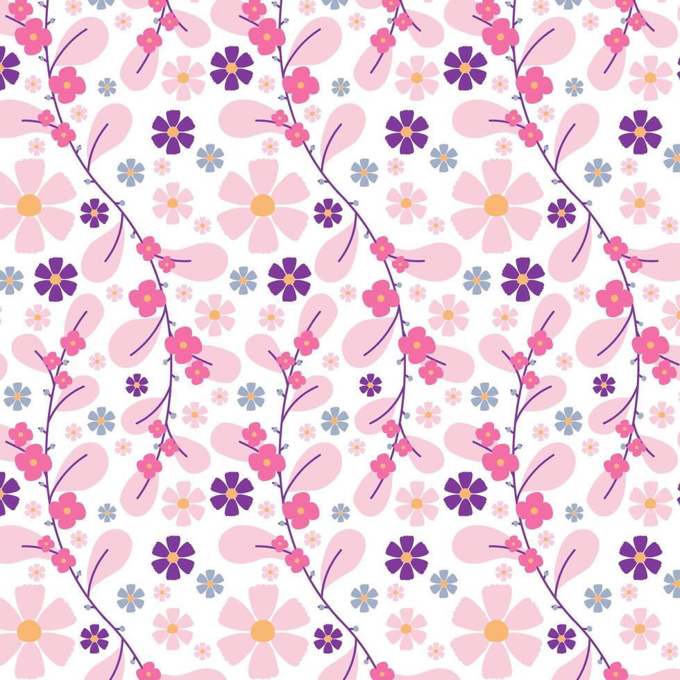 Cute pattern with hand drawn flowers. Doodle design with gentle nature florals. vector