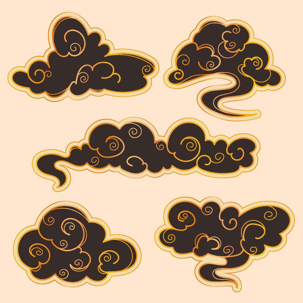 Linear oriental clouds. Chinese cloud element collection. Clouds and waves in Japanese style. vector