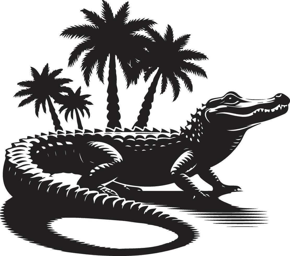 Alligator silhouette with palm trees vector