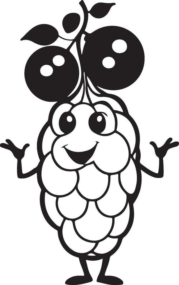 A black and white raspberry cartoon character holding a leaf vector