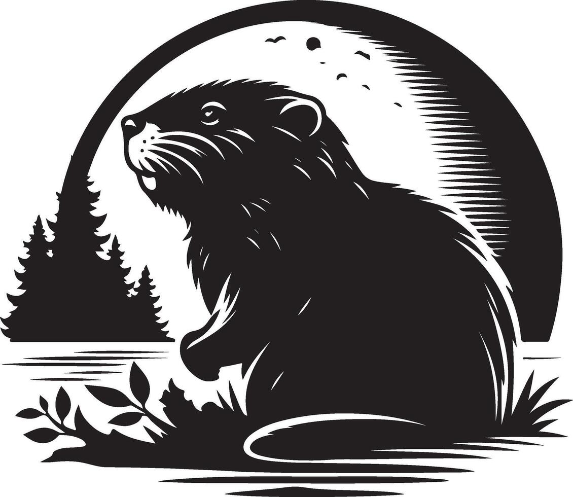 A black and white illustration of a beaver sitting on the ground vector