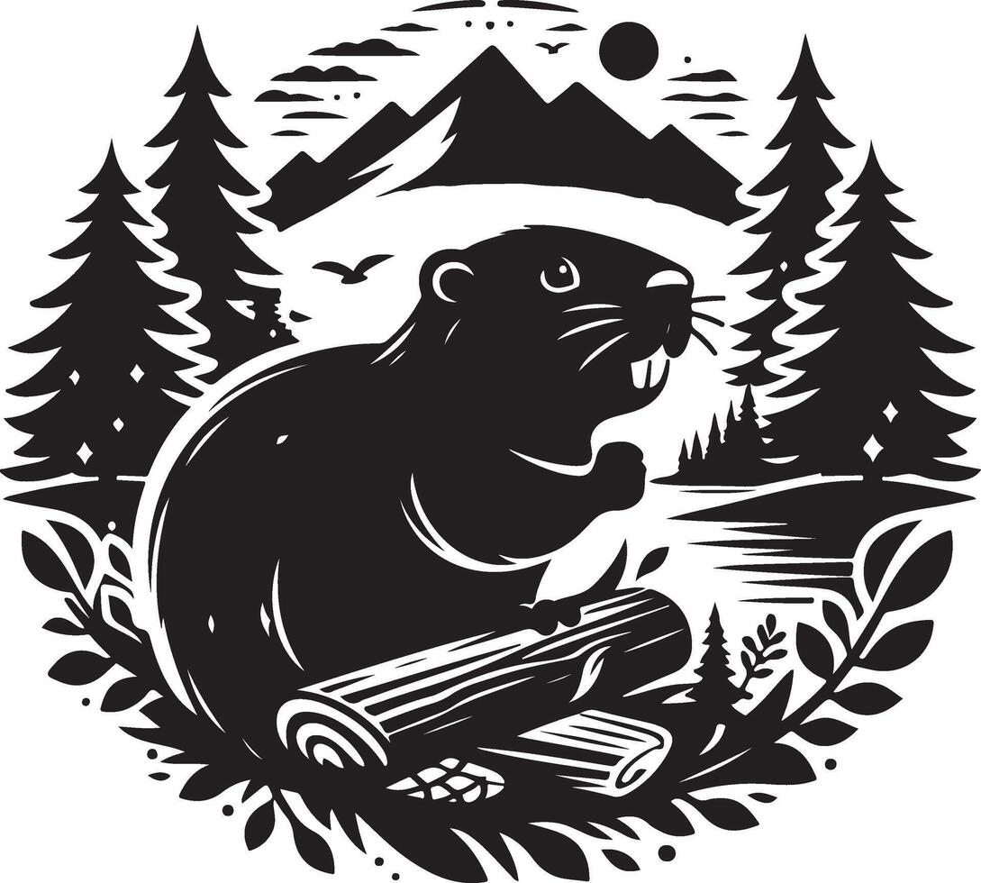 A black and white illustration of a beaver sitting on a log vector