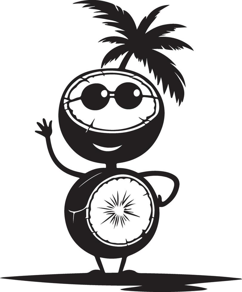 A cartoon coconut character with sunglasses and a palm tree vector