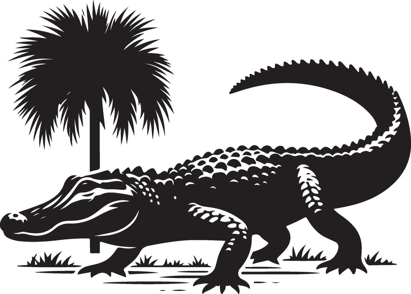 An alligator is standing in front of a palm tree vector