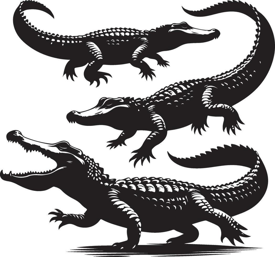 Crocodile silhouette set, black and white illustration vector
